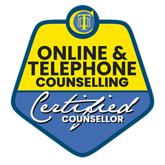 Certification badge showing that Jessica is qualified in online and telephone counselling. 